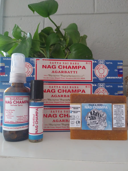 Nag Champa Set: Nag Champa Spray, Roll On, Soap & Incense – bodysoulsoap
