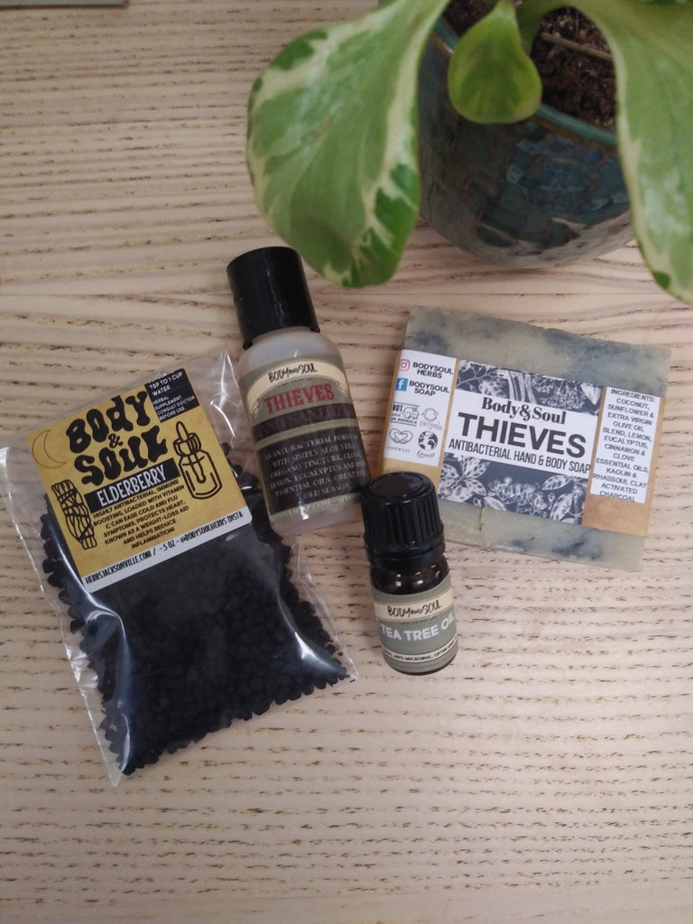 Thieves AntiViral Set: Soap, Hand Sanitizer, Elderberry & Tea Tree Essential Oil