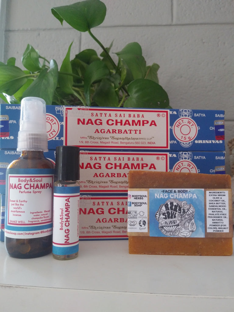 Nag Champa Set: Nag Champa Spray, Roll On, Soap & Incense
